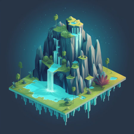 isometric landscape with mountains, trees and waterfalls on blue backgroundの素材