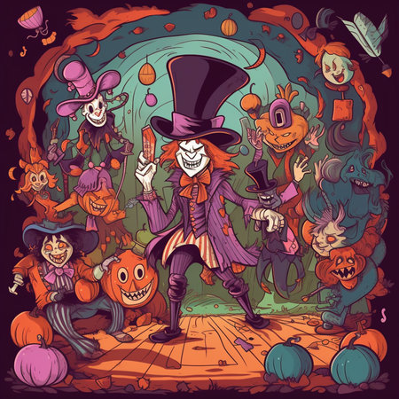 Halloween vector illustration. Hand drawn doodle monsters and pumpkinsの素材