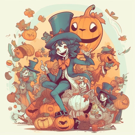 Halloween vector illustration with witch and pumpkins in cartoon style.の素材