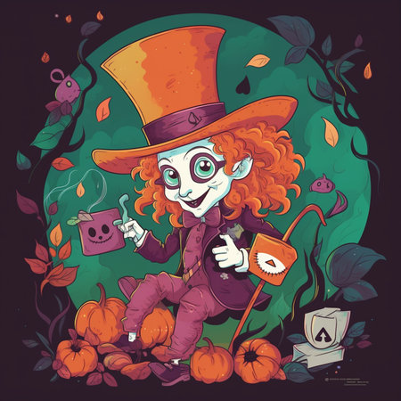 Vector illustration of a cute cartoon clown in Halloween costume with pumpkins.の素材