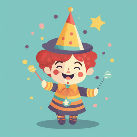 Cute cartoon clown with a magic wand and a hat. Vector illustration.の素材