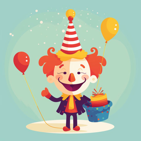 Clown with gift and balloons. Vector illustration in cartoon style.の素材