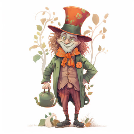 Vector illustration of a funny leprechaun with a watering canの素材