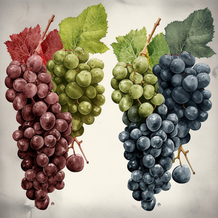 Grapes with green and red leaves on a white background.の素材