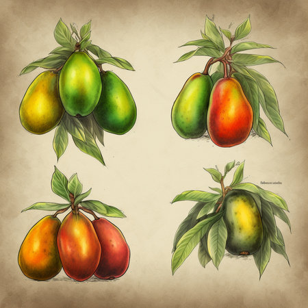 Mango fruit on old paper background. Hand drawn vector illustration.の素材