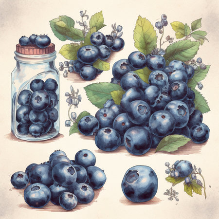 Blueberries and glass jar with berries and leaves on old paper backgroundの素材