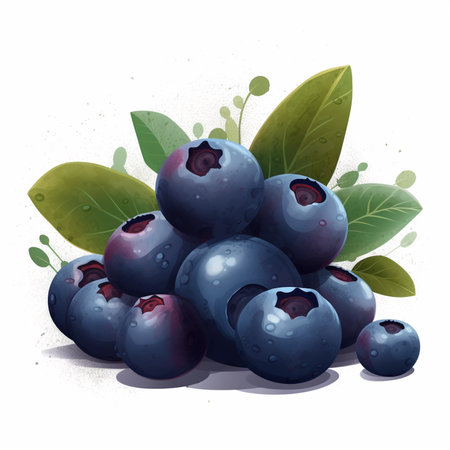 Blueberry. Fresh ripe berries with leaves and water drops. Vector illustration.の素材