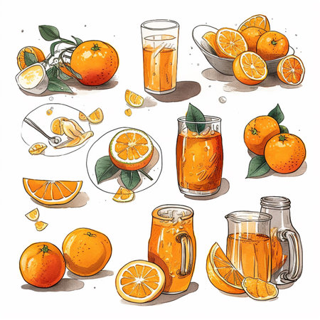 Set of hand drawn oranges and juice. Vector illustration in sketch style.の素材
