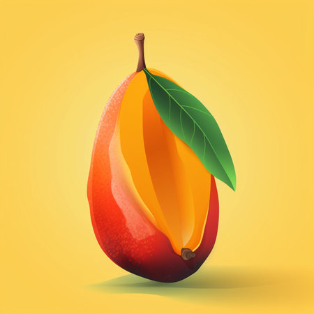 Mango with leaf isolated on yellow background. Vector Illustration.の素材