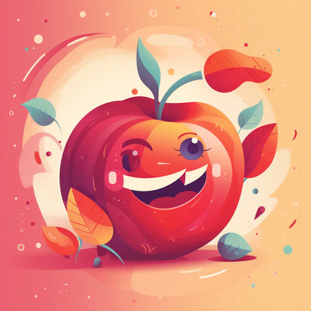 Red apple with smiling face and autumn leaves on background. Vector illustration.の素材