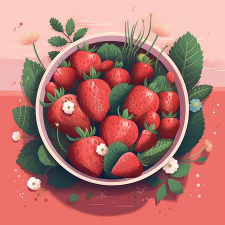 Strawberries in a bowl with leaves and flowers. Vector illustration.の素材