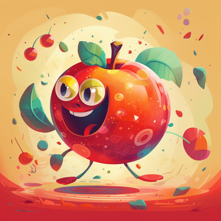 Funny cartoon apple character on orange background. Vector illustration for your designの素材