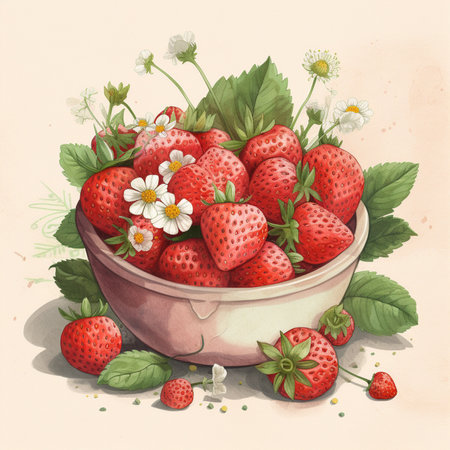 Strawberries in a bowl with daisies. Vector illustration.の素材