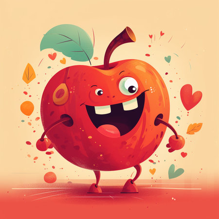 Funny apple cartoon character. Vector illustration. Healthy food concept.の素材