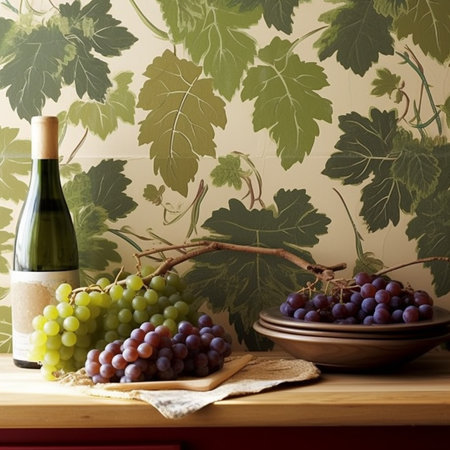 Grapes and bottle of wine on wooden table with vineyard backgroundの素材