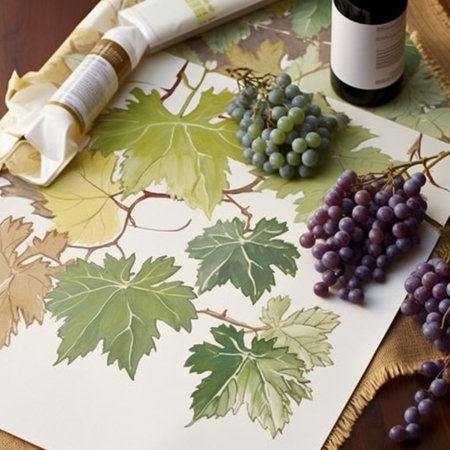 Grapes and a bottle of red wine on a map.の素材