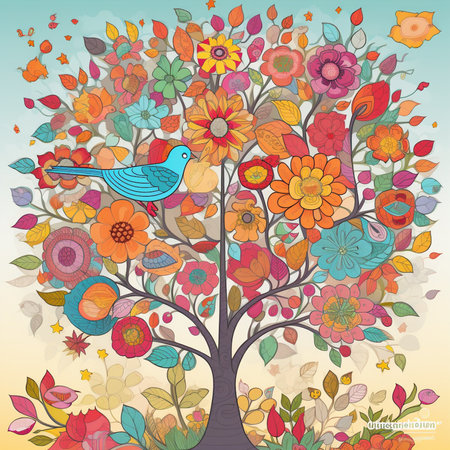 Vector illustration of tree with colorful flowers and birds. Floral background.の素材