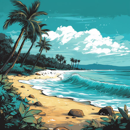 Tropical beach with palm trees and waves. Vector illustration.の素材