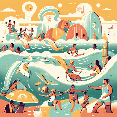People swimming in the sea. Summer beach party. Vector illustration.の素材