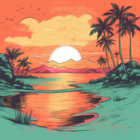 Tropical island with palm trees and sunset. Vector illustration.の素材