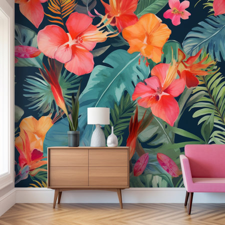Illustration of a modern living room design with a pink armchair and tropical flowersの素材