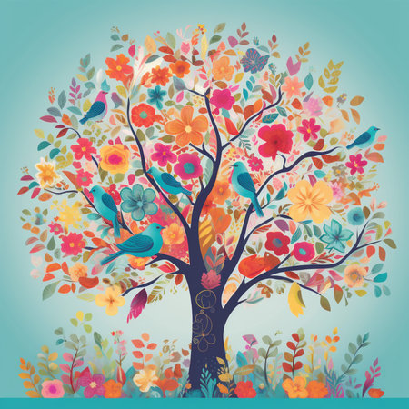 Floral tree with birds and colorful flowers. Vector Illustration.の素材