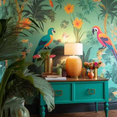 Interior of the living room with tropical plants and a parrotの素材