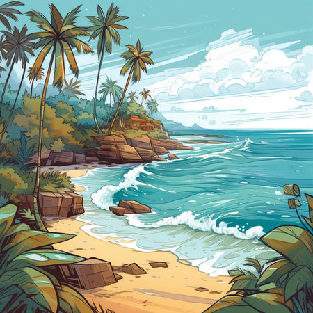 Tropical beach with palm trees and rocks. Vector illustration.の素材