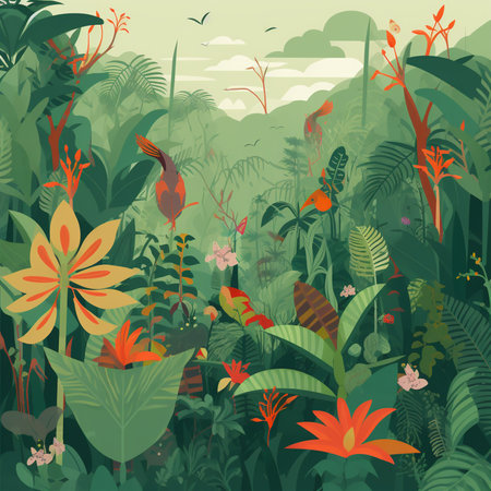 Tropical forest with flowers and plants. Vector illustration in flat styleの素材