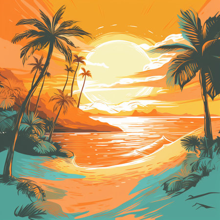 Tropical beach with palm trees and sunset. Vector illustration.の素材