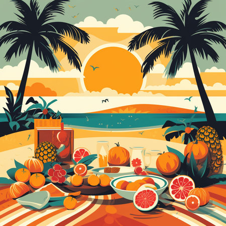 Vector illustration of summer picnic on the beach with fruits, orange, grapefruit, pineapple, pomegranateの素材