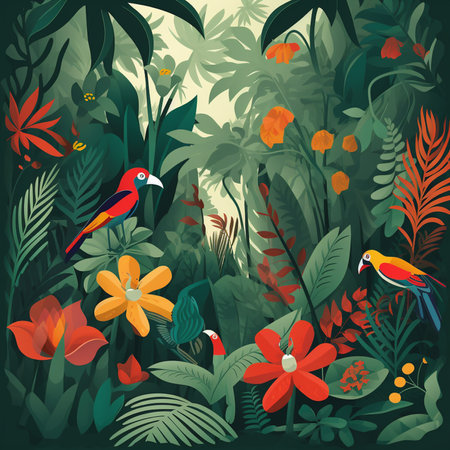 Tropical forest background with exotic flowers and birds. illustrationの素材