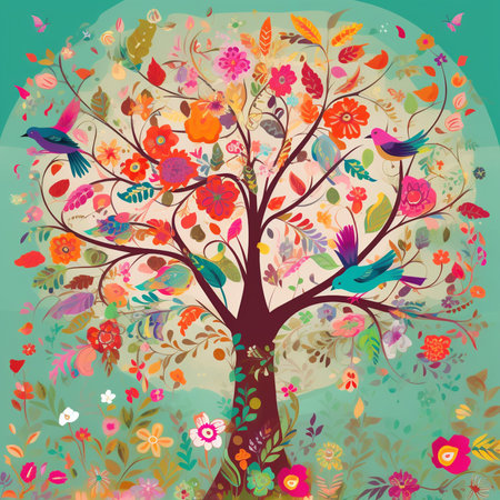 Beautiful tree with birds and flowers. Vector illustration for your designの素材