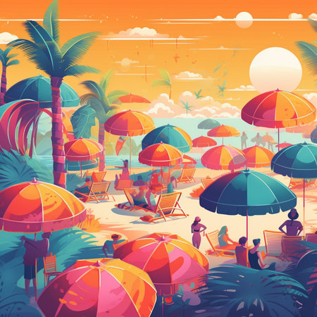 Vector illustration of people relaxing on the beach. Summer holiday concept.の素材