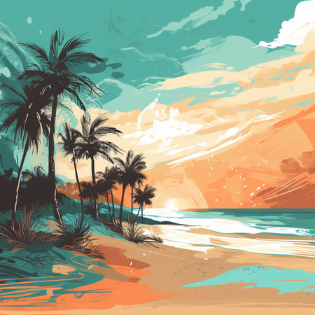Tropical beach with palm trees and sunset. Vector illustration.の素材