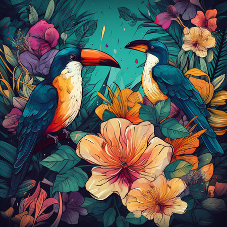 Tropical background with toucans and flowers. Vector illustration.の素材