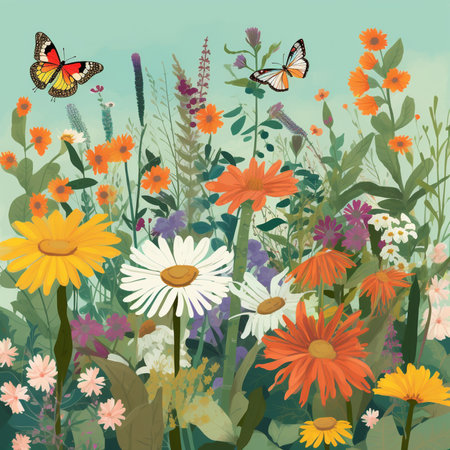 Summer meadow with wildflowers and butterflies. Vector illustration.の素材