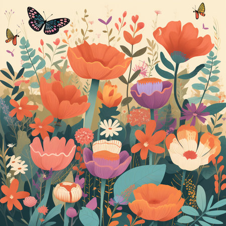 Floral background with poppies and butterflies. Vector illustration.の素材