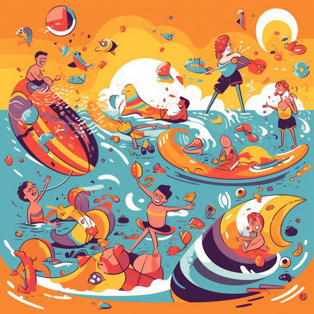 Cartoon people swimming in the sea. Colorful vector illustration.の素材