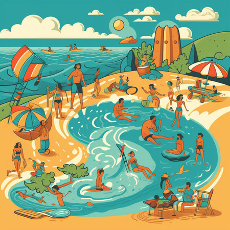 Cartoon summer beach scene with people on vacation. Vector illustration.の素材
