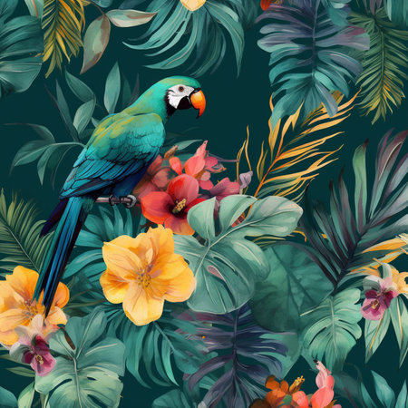 Beautiful vector pattern with nice watercolor parrot and tropical leavesの素材