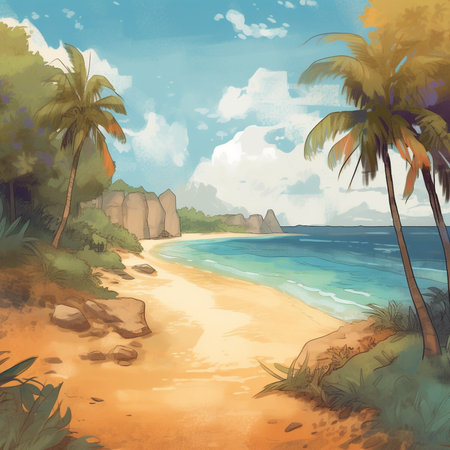 Tropical beach with palm trees and sand. Digital painting.の素材