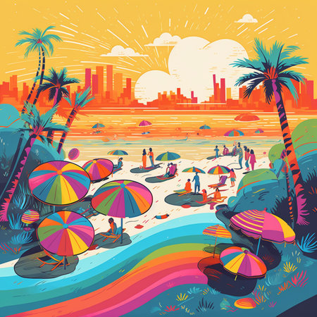 Summer beach with palm trees and sun umbrellas. illustrationの素材