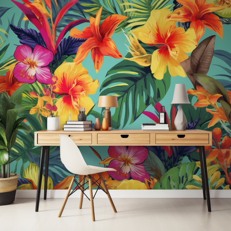 Interior of modern living room with tropical flowers and plants. Vector illustration.の素材
