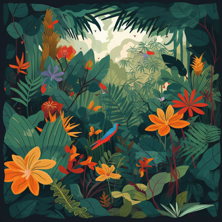 Tropical background with exotic flowers and plants. Vector illustration.の素材