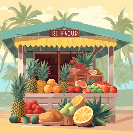Fruit stall on tropical island. Vector illustration in cartoon style.の素材