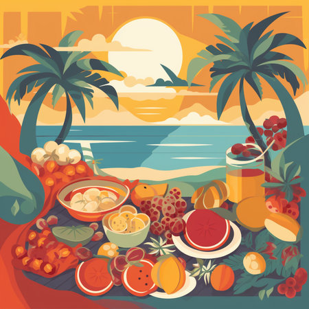 Summer picnic on the beach. Vector illustration in flat cartoon style.の素材