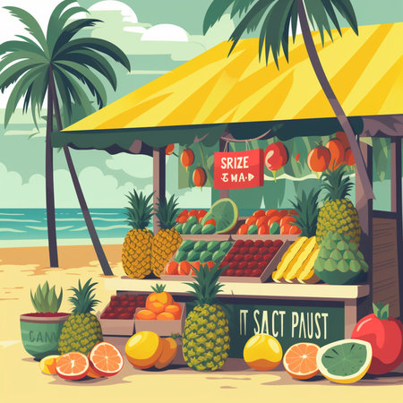 Fruit stall on the beach. Vector illustration in flat style.の素材