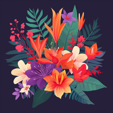 Flower bouquet with lily and other tropical plants. illustrationの素材