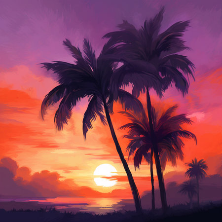 Palm trees on the beach at sunset background. Vector illustration.の素材